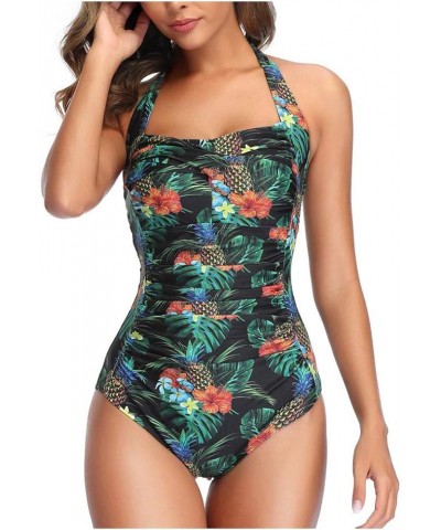 One Piece Swimsuit Women Tummy Control Ruched Halter Bathing Suits Plus Size Athletic Swimwear Monokini Beachwear Dark Green ...