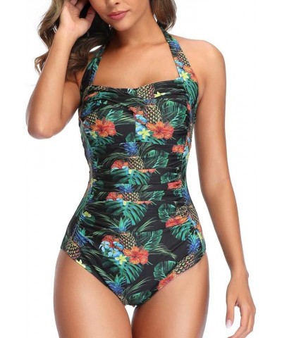 One Piece Swimsuit Women Tummy Control Ruched Halter Bathing Suits Plus Size Athletic Swimwear Monokini Beachwear Dark Green ...