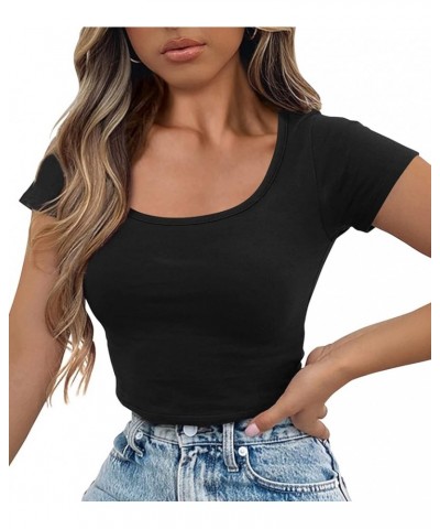 Women's Casual Short Sleeve Scoop Neck Fitted Workout Basic Crop Top Teen T-Shirts Black $12.23 T-Shirts