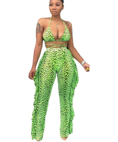 Women Beading Pearl See Through Sheer Mesh 2 Pieces Outfits Jumpsuits Crop Top and Hollow Out Ruffle Long Pants Leopard Green...