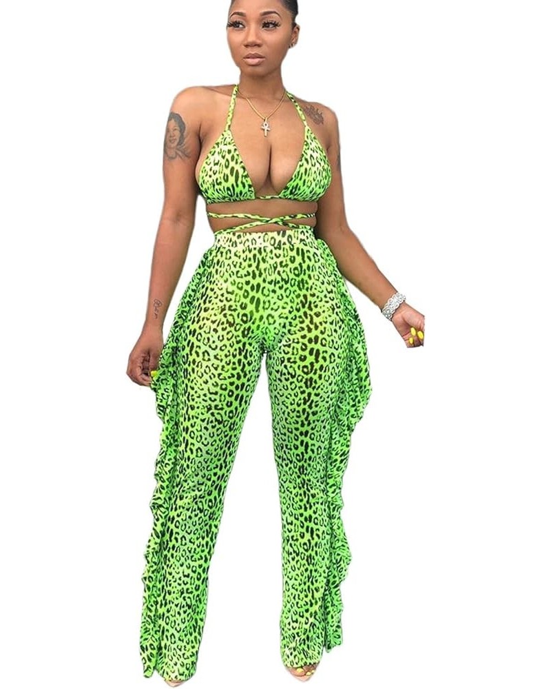 Women Beading Pearl See Through Sheer Mesh 2 Pieces Outfits Jumpsuits Crop Top and Hollow Out Ruffle Long Pants Leopard Green...