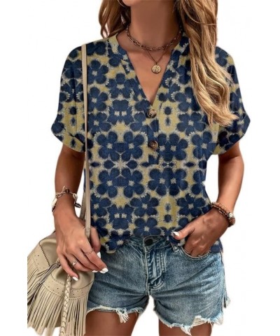 Women's Summer Shirt V-Neck Rolled Short Sleeved Shirt Plus Size Button T-Shirt Flowers Star Boho Tops Casual Blouse Blue-flo...