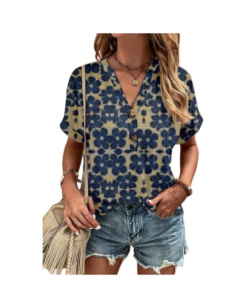 Women's Summer Shirt V-Neck Rolled Short Sleeved Shirt Plus Size Button T-Shirt Flowers Star Boho Tops Casual Blouse Blue-flo...