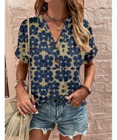 Women's Summer Shirt V-Neck Rolled Short Sleeved Shirt Plus Size Button T-Shirt Flowers Star Boho Tops Casual Blouse Blue-flo...