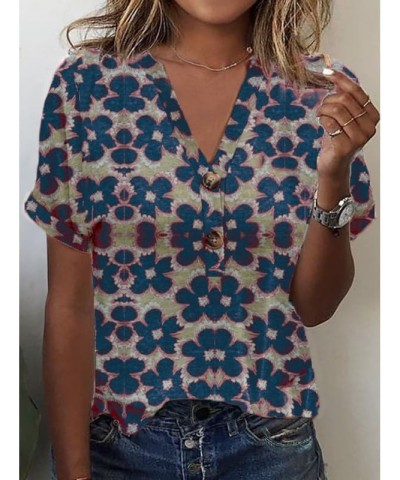 Women's Summer Shirt V-Neck Rolled Short Sleeved Shirt Plus Size Button T-Shirt Flowers Star Boho Tops Casual Blouse Blue-flo...