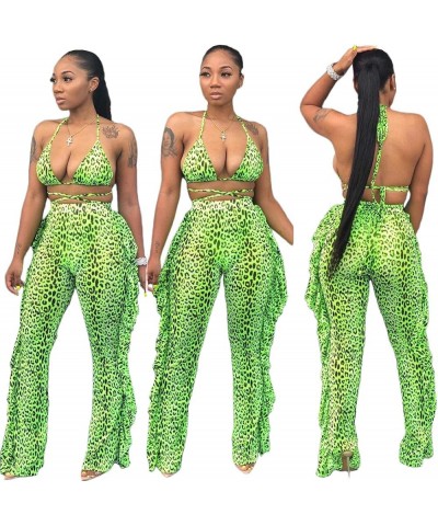 Women Beading Pearl See Through Sheer Mesh 2 Pieces Outfits Jumpsuits Crop Top and Hollow Out Ruffle Long Pants Leopard Green...