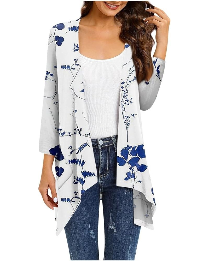 Long Cardigan Irregular Hem Women's Casual 3/4 Sleeve Shirts Boho Flower Half Sleeves Jackets with Pocket S-5XL & White_04 $7...