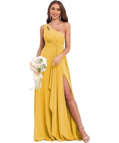 Chiffon One Shoulder Bridesmaid Dresses for Women Wedding 2024 Long Ruffles Formal Evening Party Dress with Slit Mustard Yell...