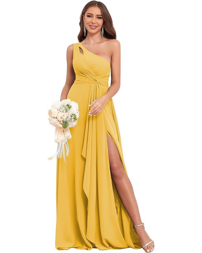 Chiffon One Shoulder Bridesmaid Dresses for Women Wedding 2024 Long Ruffles Formal Evening Party Dress with Slit Mustard Yell...