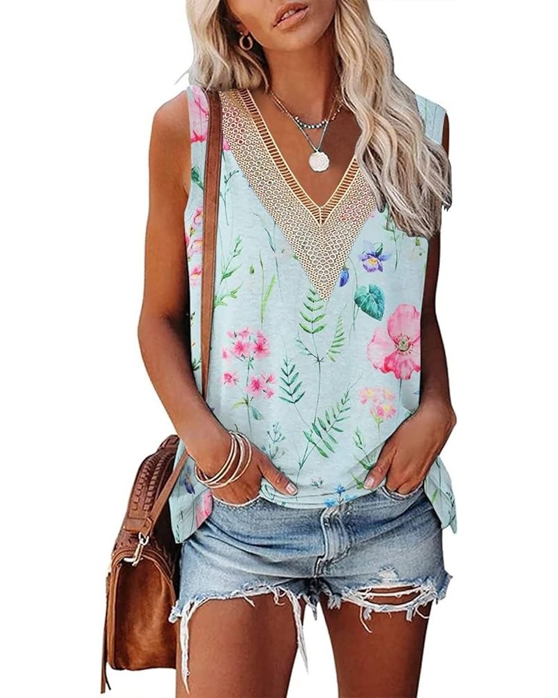 Womens Tank Tops V Neck Lace Floral Print Sleeveless Shirts Summer Fashion Blouses B-xfloral Blue $10.74 Tanks