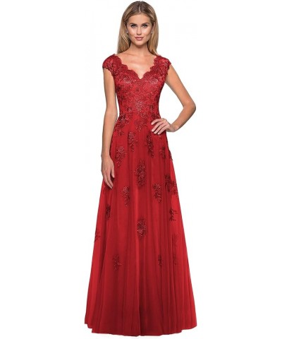 Women's V Neck Cap Sleeves Mother of The Bride Dresses Long Lace Formal Prom Evening Gowns with Pockets Red $51.29 Dresses