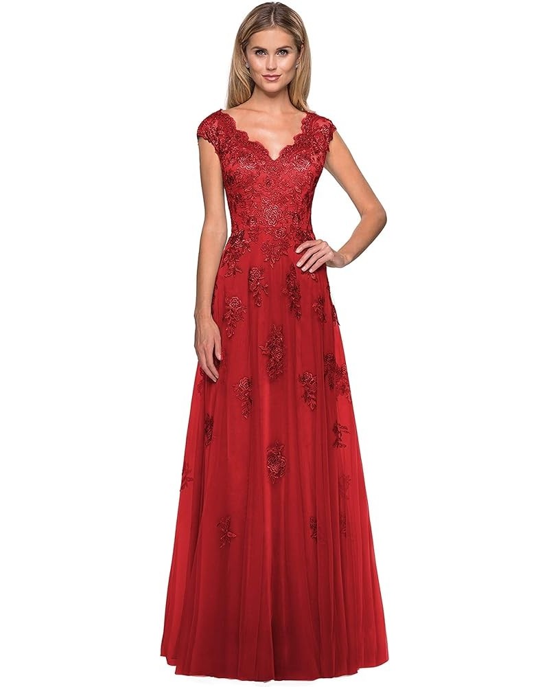 Women's V Neck Cap Sleeves Mother of The Bride Dresses Long Lace Formal Prom Evening Gowns with Pockets Red $51.29 Dresses