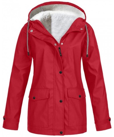 Women's Raincoats Waterproof With Hood Solid Color Plush Thickening Jacket Outdoor Size Hooded Coats, S-5XL Kc04-red $15.58 J...