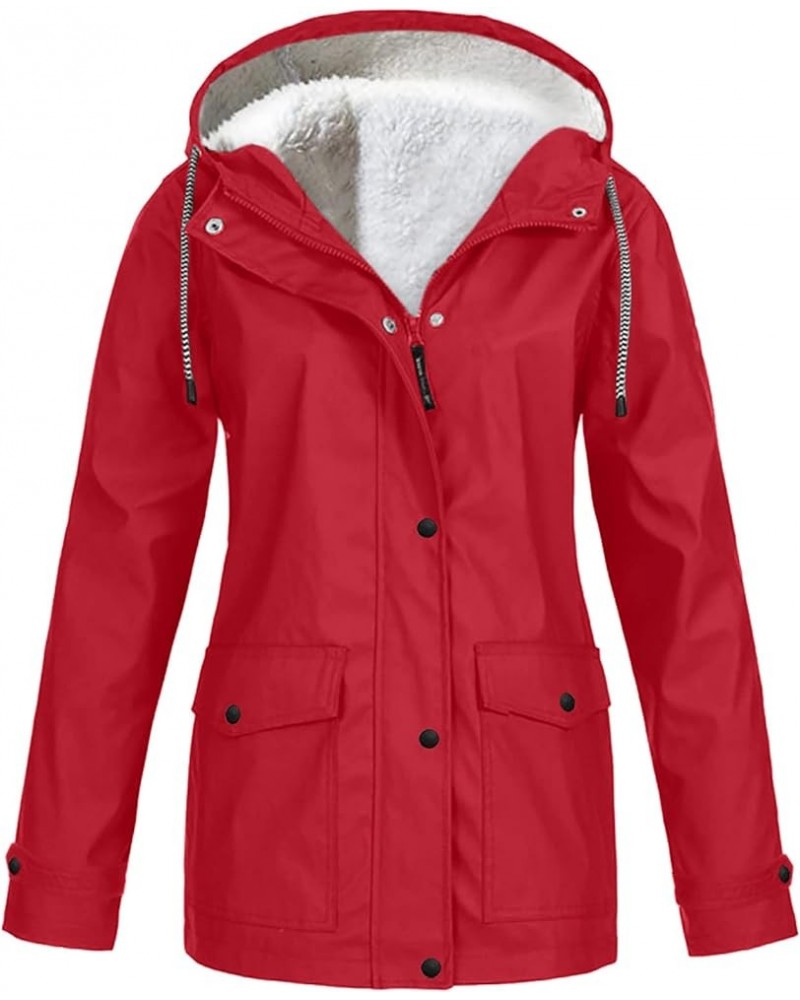 Women's Raincoats Waterproof With Hood Solid Color Plush Thickening Jacket Outdoor Size Hooded Coats, S-5XL Kc04-red $15.58 J...