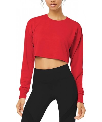 Long Sleeve Crop Top Cropped Sweatshirt for Women with Thumb Hole Red $13.49 Activewear