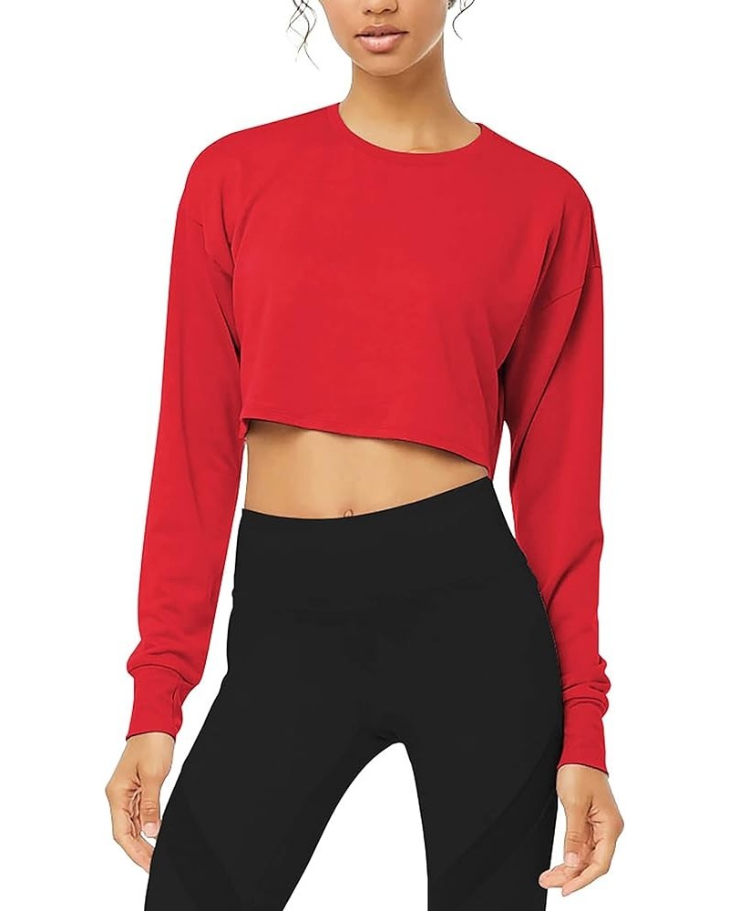 Long Sleeve Crop Top Cropped Sweatshirt for Women with Thumb Hole Red $13.49 Activewear