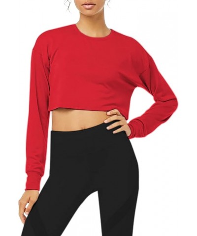 Long Sleeve Crop Top Cropped Sweatshirt for Women with Thumb Hole Red $13.49 Activewear