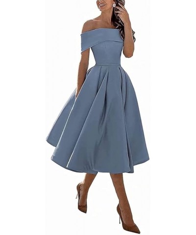 Knee-Length Satin Off Shoulder Homecoming Dress Short Prom Cocktail Party Dress for Junior Dusty Blue $29.69 Dresses