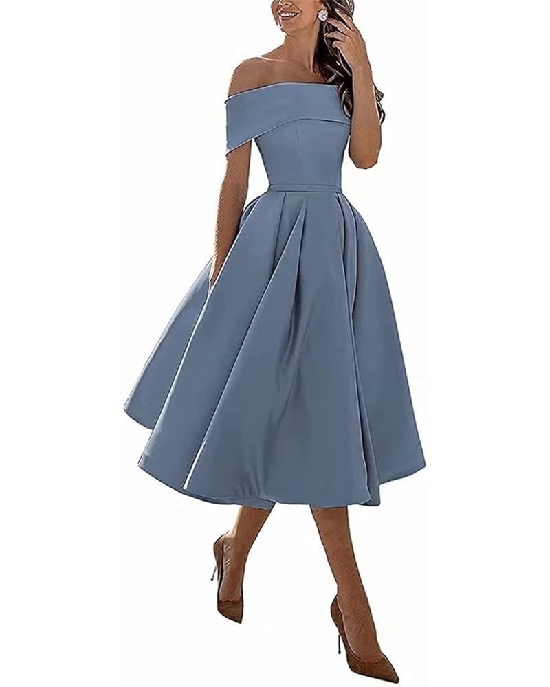 Knee-Length Satin Off Shoulder Homecoming Dress Short Prom Cocktail Party Dress for Junior Dusty Blue $29.69 Dresses