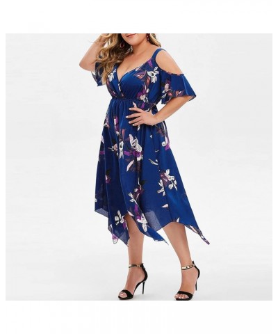 Summer Plus Size Dress for Women Boho Floral Printed Round Neck Loose Fit Dresses Hawaiian Beach Holiday Maxi Blue-e $6.86 Dr...