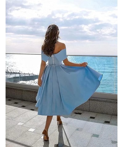 Knee-Length Satin Off Shoulder Homecoming Dress Short Prom Cocktail Party Dress for Junior Dusty Blue $29.69 Dresses