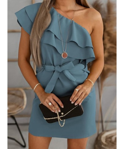 Womens Casual One Shoulder Dresses Tie Waist Ruffle Mini Dress, S-XL D-blue2 $18.45 Dresses