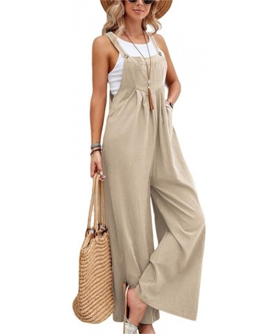 Jumpsuits for Women Summer Cotton Linen Bib Overalls One Piece Sleeveless Wide Leg Long Pant Rompers with Pockets Khaki $11.7...