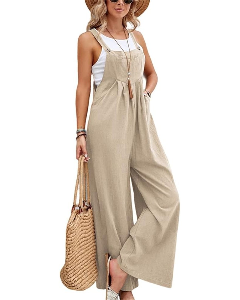 Jumpsuits for Women Summer Cotton Linen Bib Overalls One Piece Sleeveless Wide Leg Long Pant Rompers with Pockets Khaki $11.7...