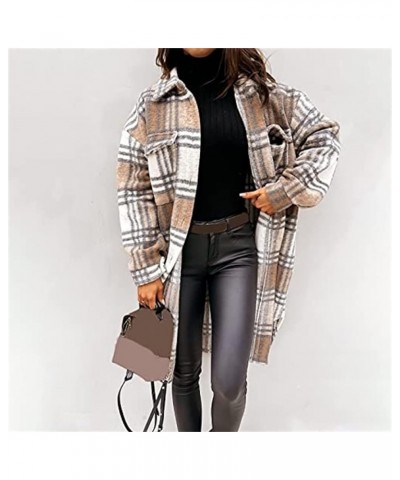 Women Lounge Lapel Button Down Long Plaid Jacket Winter Boyfriend Tartan Shirt Jacket Shacket Wool Blend Trench Coat C-khaki ...