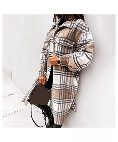 Women Lounge Lapel Button Down Long Plaid Jacket Winter Boyfriend Tartan Shirt Jacket Shacket Wool Blend Trench Coat C-khaki ...