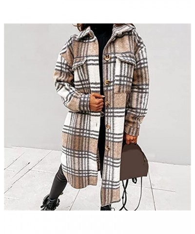 Women Lounge Lapel Button Down Long Plaid Jacket Winter Boyfriend Tartan Shirt Jacket Shacket Wool Blend Trench Coat C-khaki ...