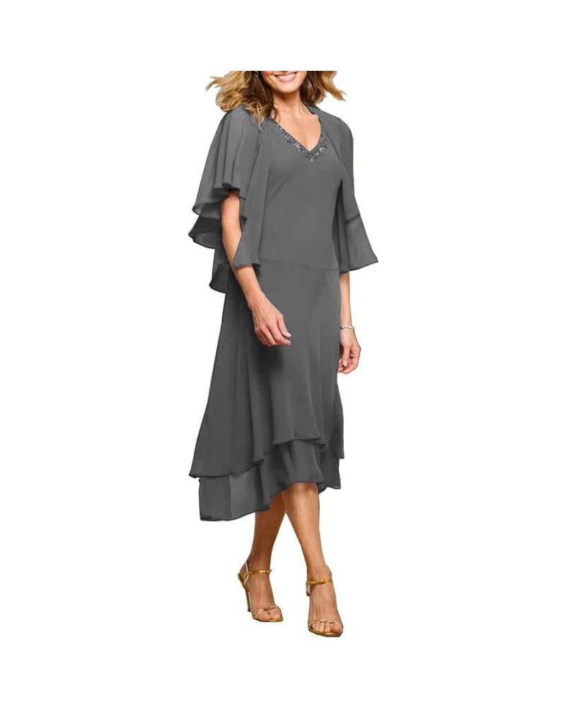 Mother of The Bride Dresses with Jacket 2 Piece Ruffles Mother of The Bride Dress Tea Length Beaded V Neck Chiffon Grey $42.1...