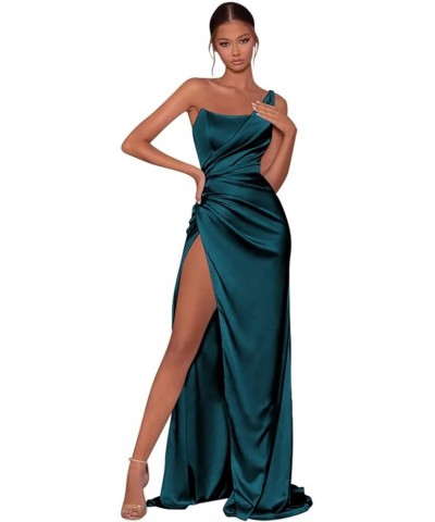 One Shoulder Prom Dresses with Slit for Women Long Pleated Satin Mermaid Evening Party Gowns Teal $29.14 Dresses