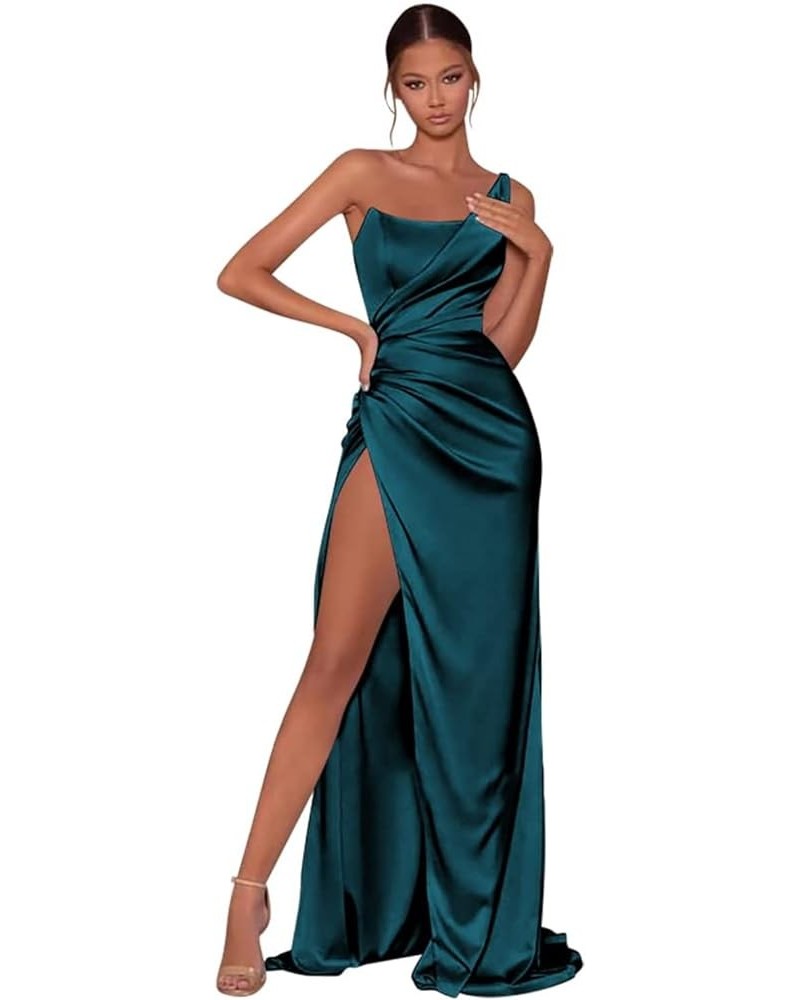 One Shoulder Prom Dresses with Slit for Women Long Pleated Satin Mermaid Evening Party Gowns Teal $29.14 Dresses