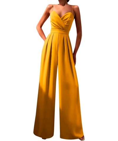 Womens Sexy Jumpsuits Spaghetti Straps Sleeveless V Neck High Waist Rompers Pleated Wide Leg Long Pants Jumpsuit Yellow_1 $11...