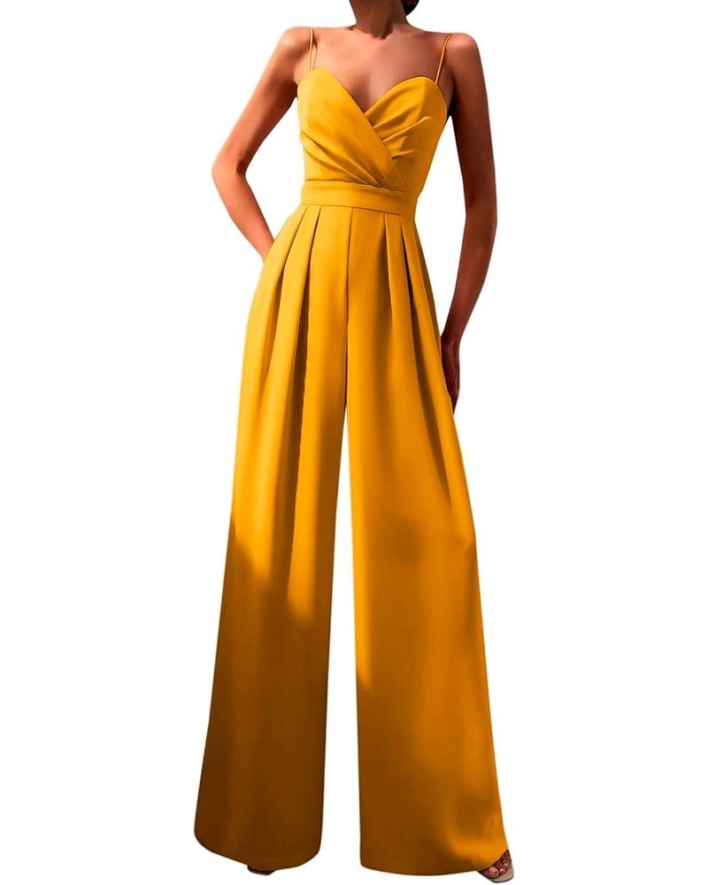 Womens Sexy Jumpsuits Spaghetti Straps Sleeveless V Neck High Waist Rompers Pleated Wide Leg Long Pants Jumpsuit Yellow_1 $11...