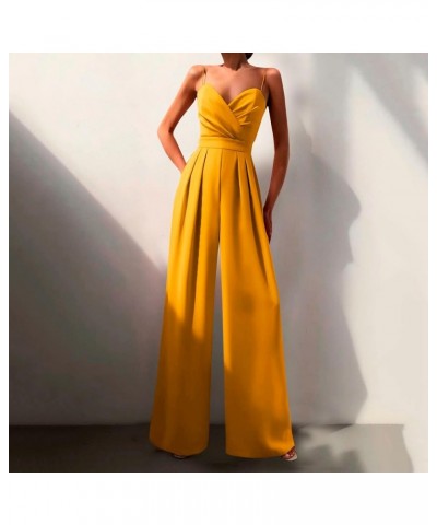 Womens Sexy Jumpsuits Spaghetti Straps Sleeveless V Neck High Waist Rompers Pleated Wide Leg Long Pants Jumpsuit Yellow_1 $11...