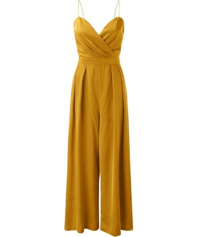 Womens Sexy Jumpsuits Spaghetti Straps Sleeveless V Neck High Waist Rompers Pleated Wide Leg Long Pants Jumpsuit Yellow_1 $11...