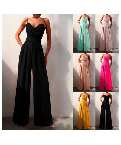 Womens Sexy Jumpsuits Spaghetti Straps Sleeveless V Neck High Waist Rompers Pleated Wide Leg Long Pants Jumpsuit Yellow_1 $11...