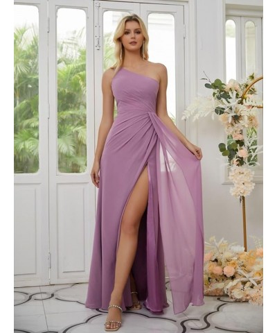 Women's One Shoulder Bridesmaid Dresses Long A Line Ruched Chiffon Formal Dress with Slit TS001 Wisteria $30.77 Dresses