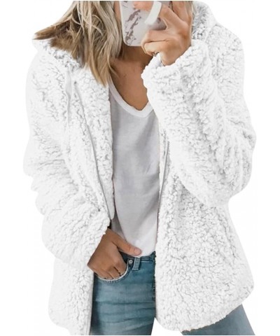 Women's Fleece Jackets Solid Hooded Full Zipper Coats Trendy Fuzzy Fleece Warm Long Sleeve Jackets Lamb's Wool Coat 07white $...