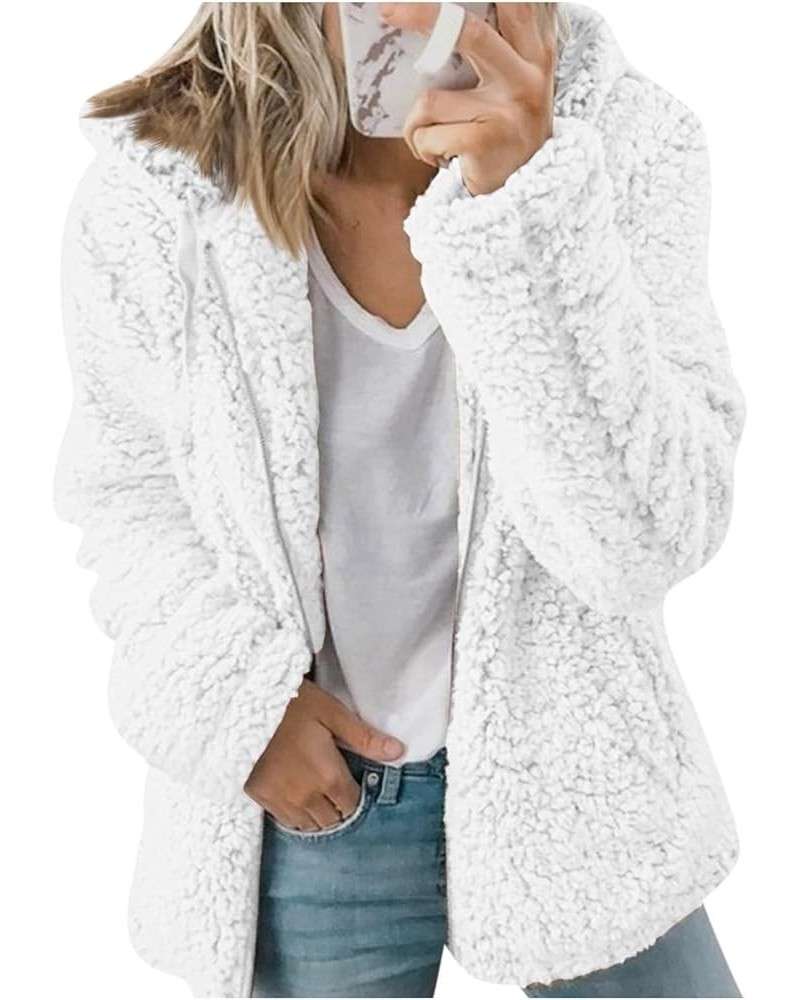 Women's Fleece Jackets Solid Hooded Full Zipper Coats Trendy Fuzzy Fleece Warm Long Sleeve Jackets Lamb's Wool Coat 07white $...