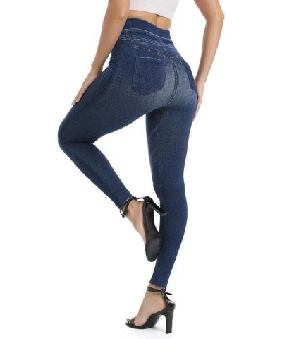 Jean Look Leggings for Women High Waist Tummy Control with Back Pockets, Denim Printed Fake Jean Leggings, Seamless Blue-new ...