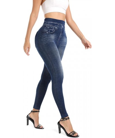 Jean Look Leggings for Women High Waist Tummy Control with Back Pockets, Denim Printed Fake Jean Leggings, Seamless Blue-new ...