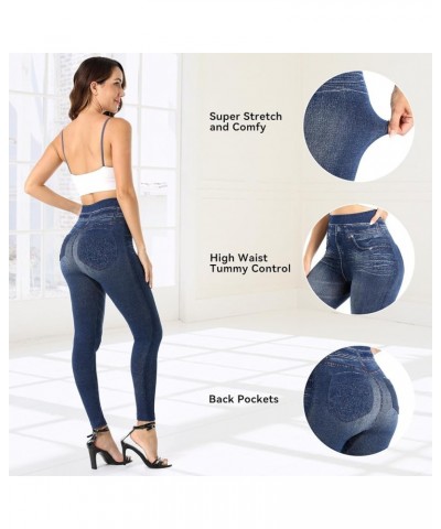 Jean Look Leggings for Women High Waist Tummy Control with Back Pockets, Denim Printed Fake Jean Leggings, Seamless Blue-new ...