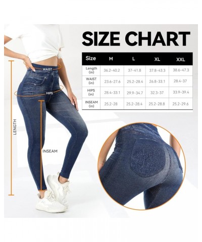 Jean Look Leggings for Women High Waist Tummy Control with Back Pockets, Denim Printed Fake Jean Leggings, Seamless Blue-new ...