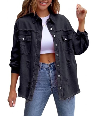 Women Fashion Long Sleeve Jean Jacket Distressed Ripped Denim Jacket Casual Button Down Boyfriend Denim Coat Black $15.29 Jac...