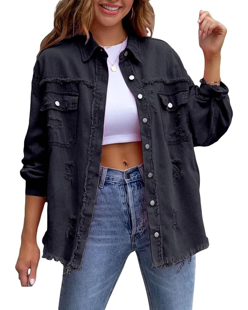 Women Fashion Long Sleeve Jean Jacket Distressed Ripped Denim Jacket Casual Button Down Boyfriend Denim Coat Black $15.29 Jac...