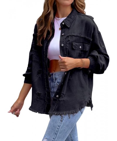 Women Fashion Long Sleeve Jean Jacket Distressed Ripped Denim Jacket Casual Button Down Boyfriend Denim Coat Black $15.29 Jac...