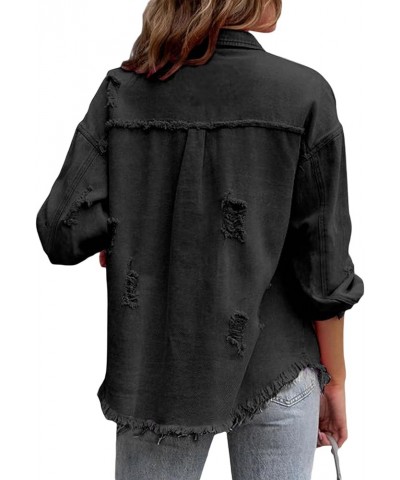 Women Fashion Long Sleeve Jean Jacket Distressed Ripped Denim Jacket Casual Button Down Boyfriend Denim Coat Black $15.29 Jac...